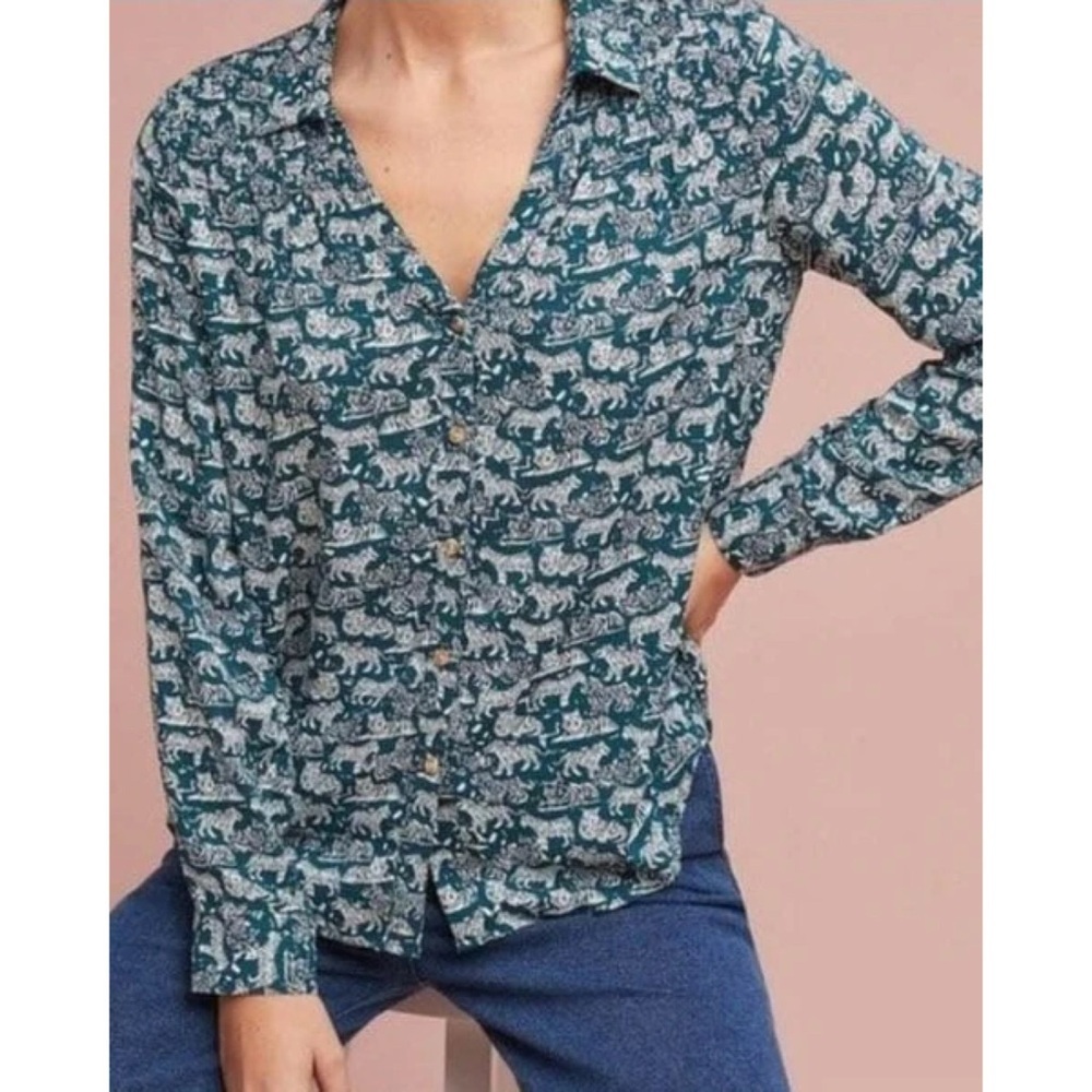 Maeve Anthropologie Emory Tiger Print Button Down Top in Blue